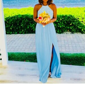 David's Bridal Sky Blue Halter Lace Bodice Maxi Dress